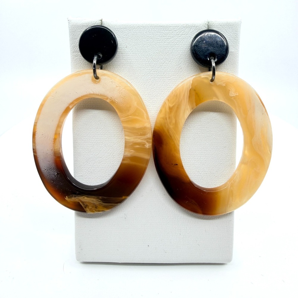 Vintage Tortoise Shell Oval Hoop Drop Earrings Retro 90s Statement